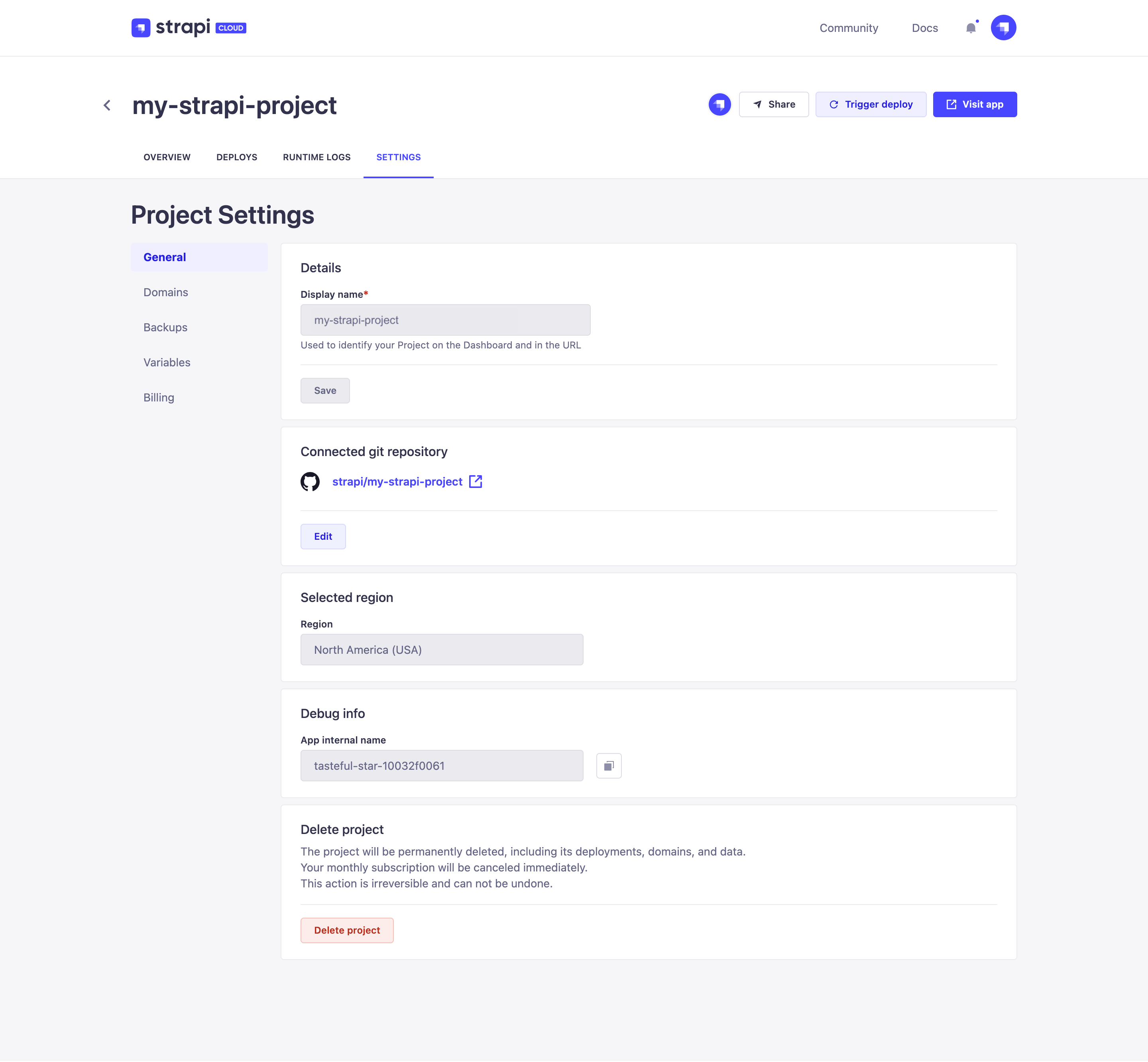 Project settings page