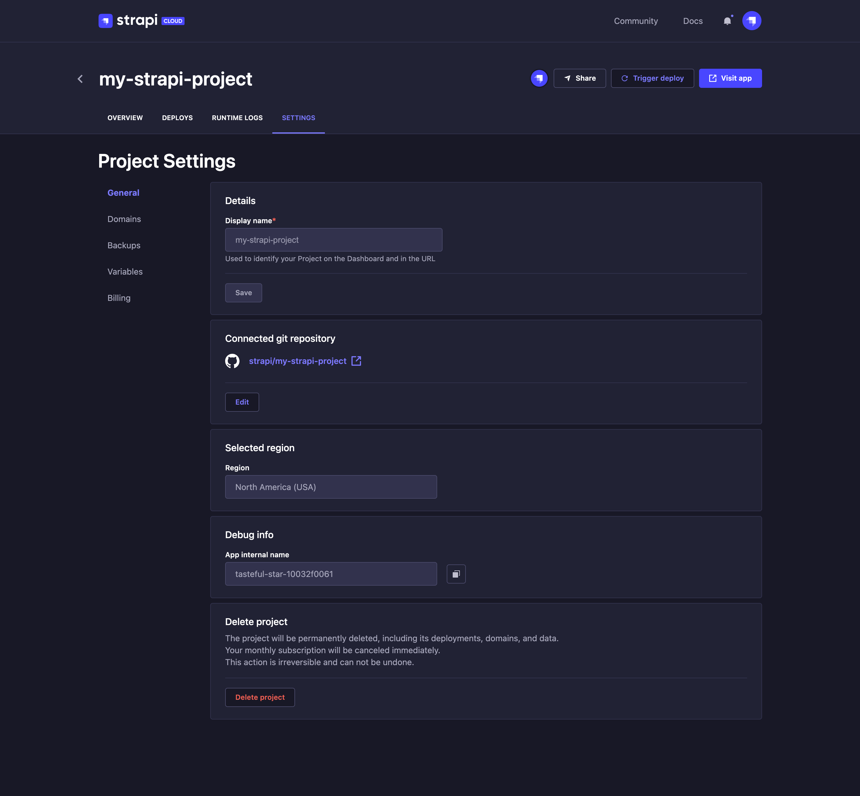 Project settings page